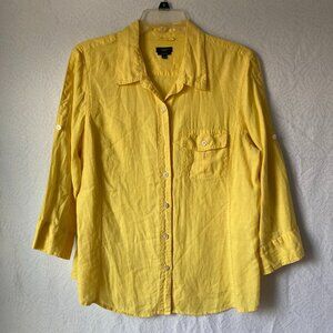 TALBOTS Pure Irish Linen Button Up Shirt Women 3/4 Sleeve Butter Yellow Size L